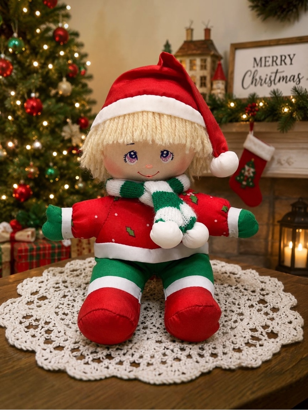 Vintage 80s Dolly Mine Boy Christmas Doll Plush 8” Santa Hat Scarf Holiday Toy